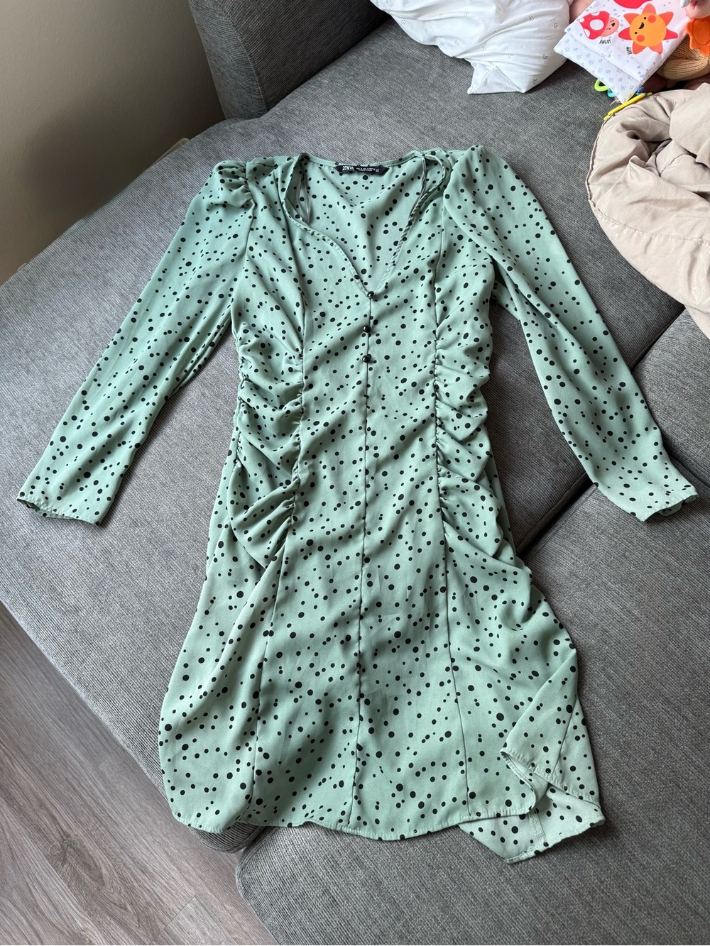 Seafoam Green Polka Dot Ruched long sleeve dress - Small